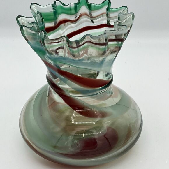 Vtg. Murano Hand Blown Swirl Glass Vase with a Ruffled/Wavy Edge Made In Italy - Picture 9 of 9